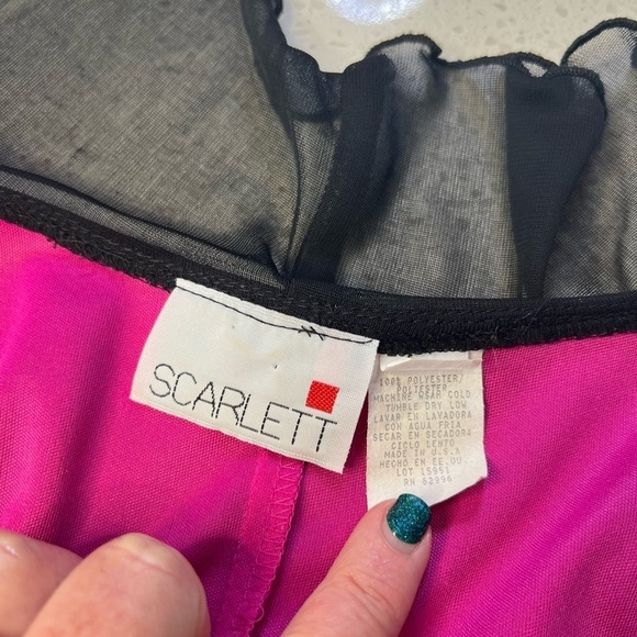 Vintage Scarlett Black Sheer Overlay Hot Pink Ruffle Collar Hem Mini Shirt Dress - Picture 3 of 13